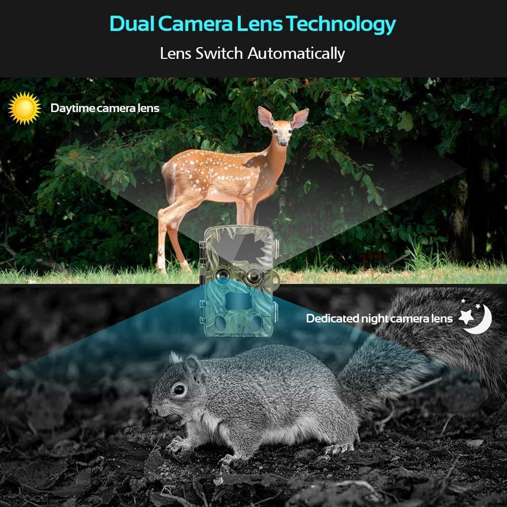 Trail Camera Dual-Lens with Starlight Night Vision 4K 20MP Wildlife Game Camera with 0.2s Motion Activated IP66 Waterproof Hunting Scouting Cam with Portable Solar Panel and Micro SD Card,256G