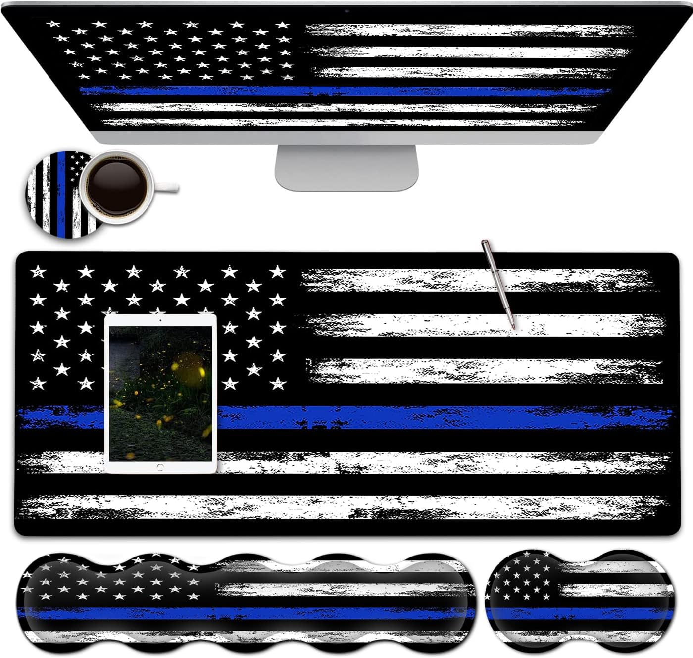 Large Gaming Mouse Pad with Stitched Edges, Extended XXL Mousepad, Office Desk Pad Writing Pad, 31.5 x 11.8 in,Ergonomic Memory Foam Keyboard Wrist Rest Support,Retro Blue Line American Flag Desk Mat