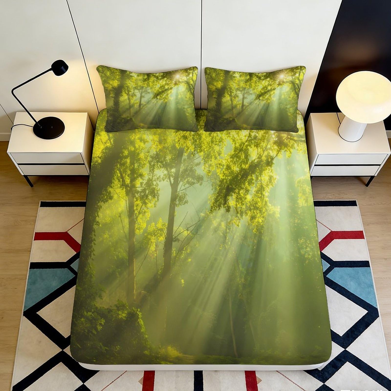 3D Printed Forest Sunlight Fitted Sheet Microfiber Soft Mattress Cover Nature Green Bed Sheet for Bedroom Guest Room Decor 90x200x25cm