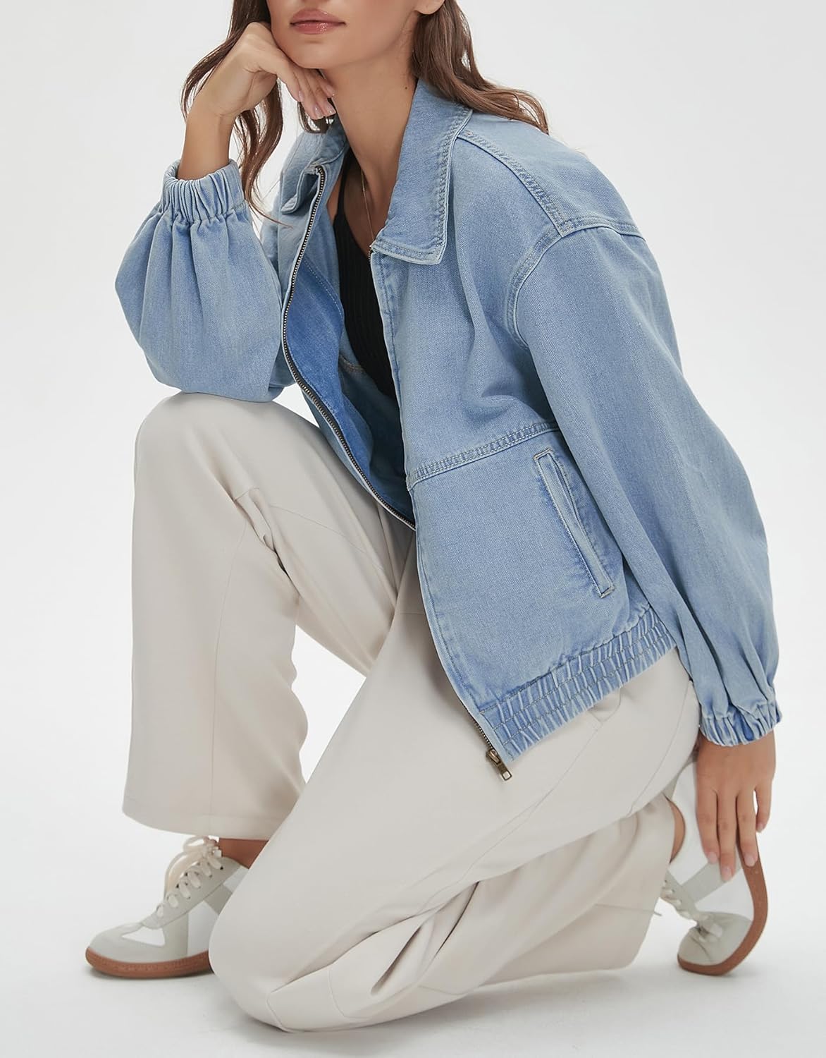 Kedera Womens Denim Jackets Long Sleeve Zip Up Elastic Hem Classic Loose Jean Bomber Jacket Coat Outfit - Image 5