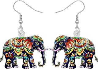 BONSNY Colorful Acrylic Elephant Dangle Earrings Bohemian Tribal Floral Design Boho Jewelry Gifts for Women Funny Novelty Hypoallergenic Spring Summer Gifts Accessories