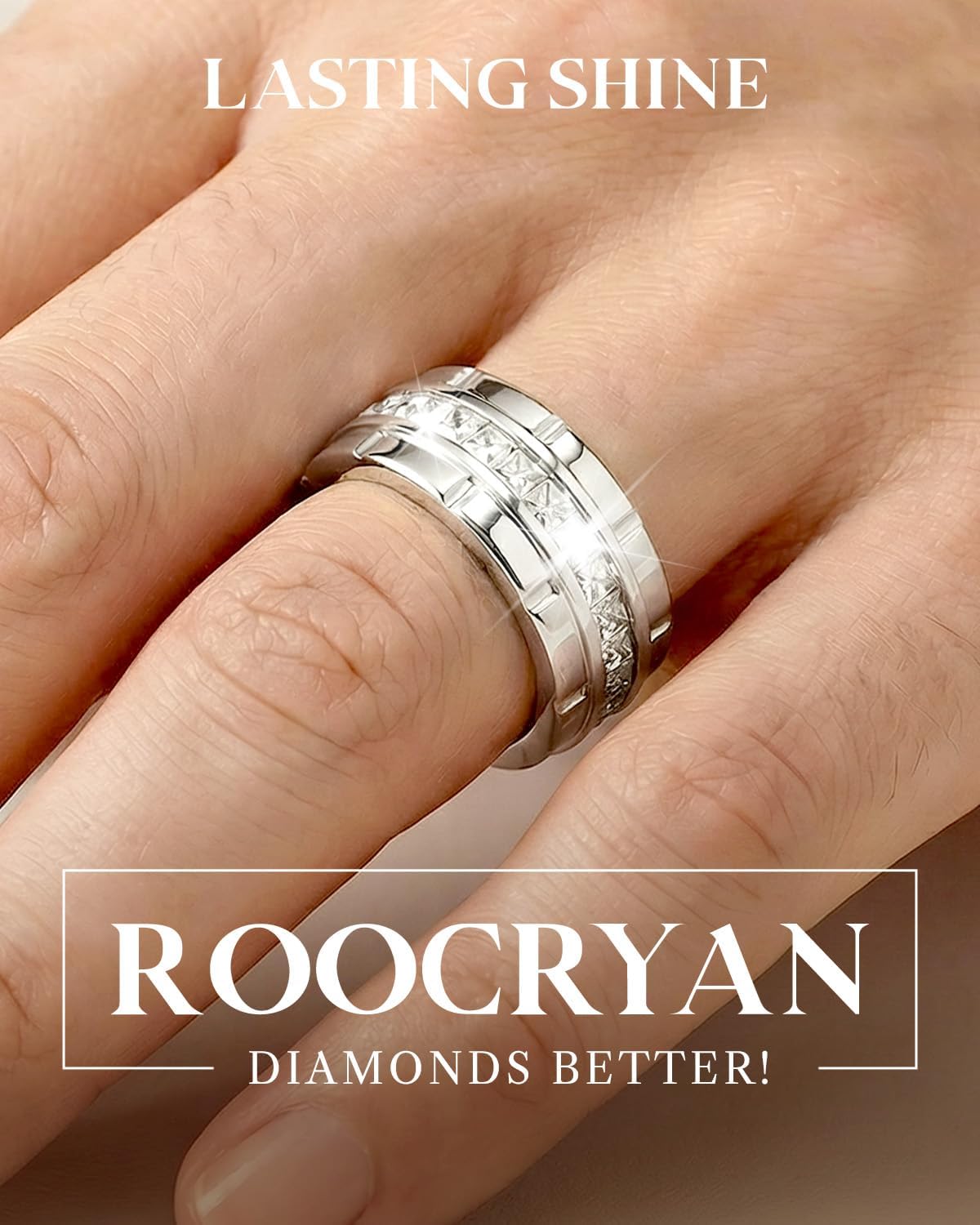 8mm Mens Gold Wedding Band with Cubic Zirconia Silver Eternity Ring CZ Inlaid 18K Gold Plated Stainless Steel Rings for Men, Rings Size 5-12