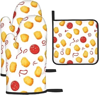 Fried Chicken Nuggets and Ketchup Kitchen Baking Three Piece Set Microwave Gloves Heat-Resistant Oven Mitts