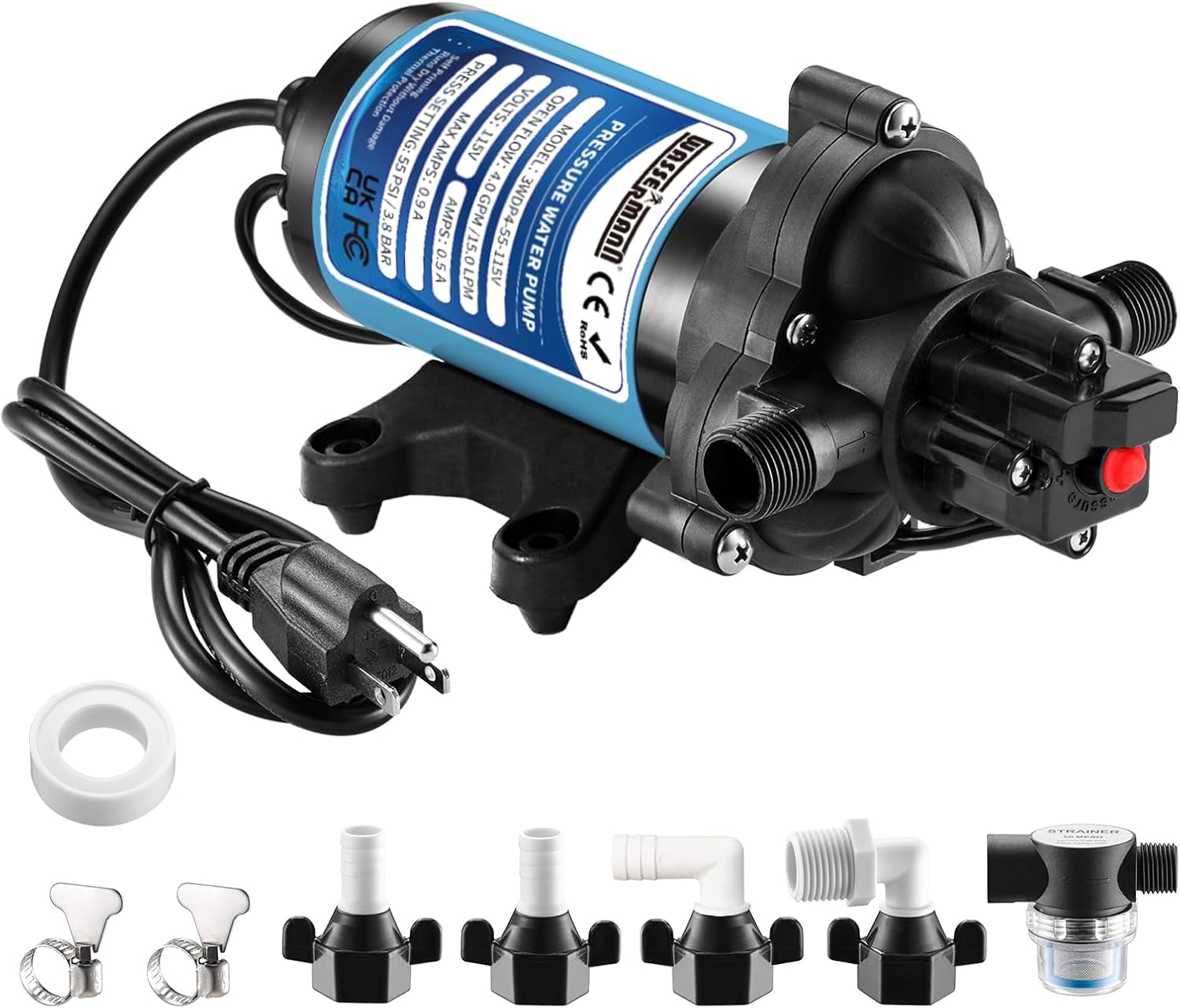 WASSERMANN Water Pressure Pump 115 Volt AC 4.0GPM 55PSI,Water Pump Self Priming Diaphragm Pump with Pressure Switch for Kitchen Bathroom Marine Yacht Garden