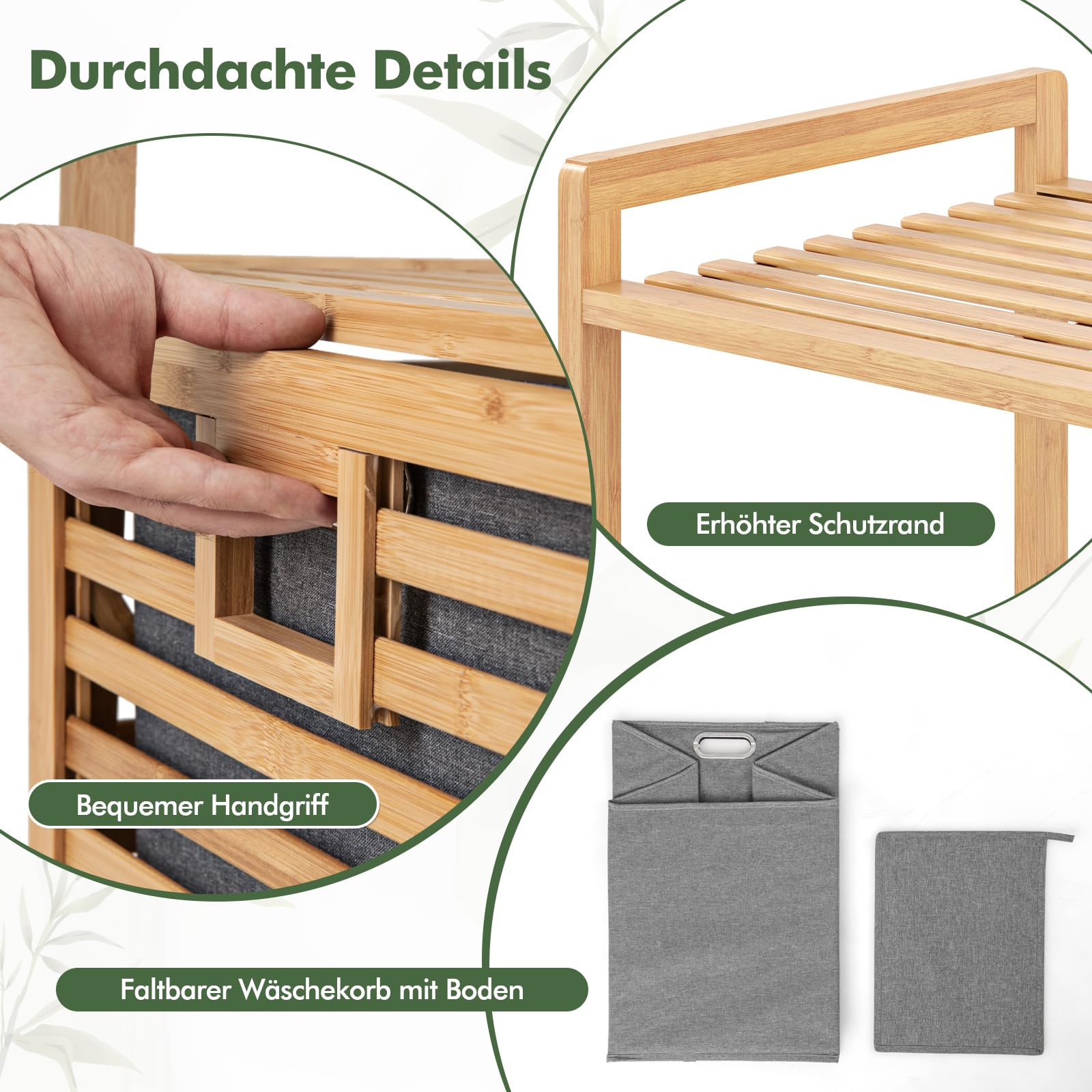COSTWAY Badregal mit Wäschekorb, Regal aus Bambus, Badschrank mit 2 Ablagen & Ausklappbarer Korb aus Stoff, Wäschesammler für Badezimmer, Waschküche, Natur, 43,5 x 33 x 96 cm