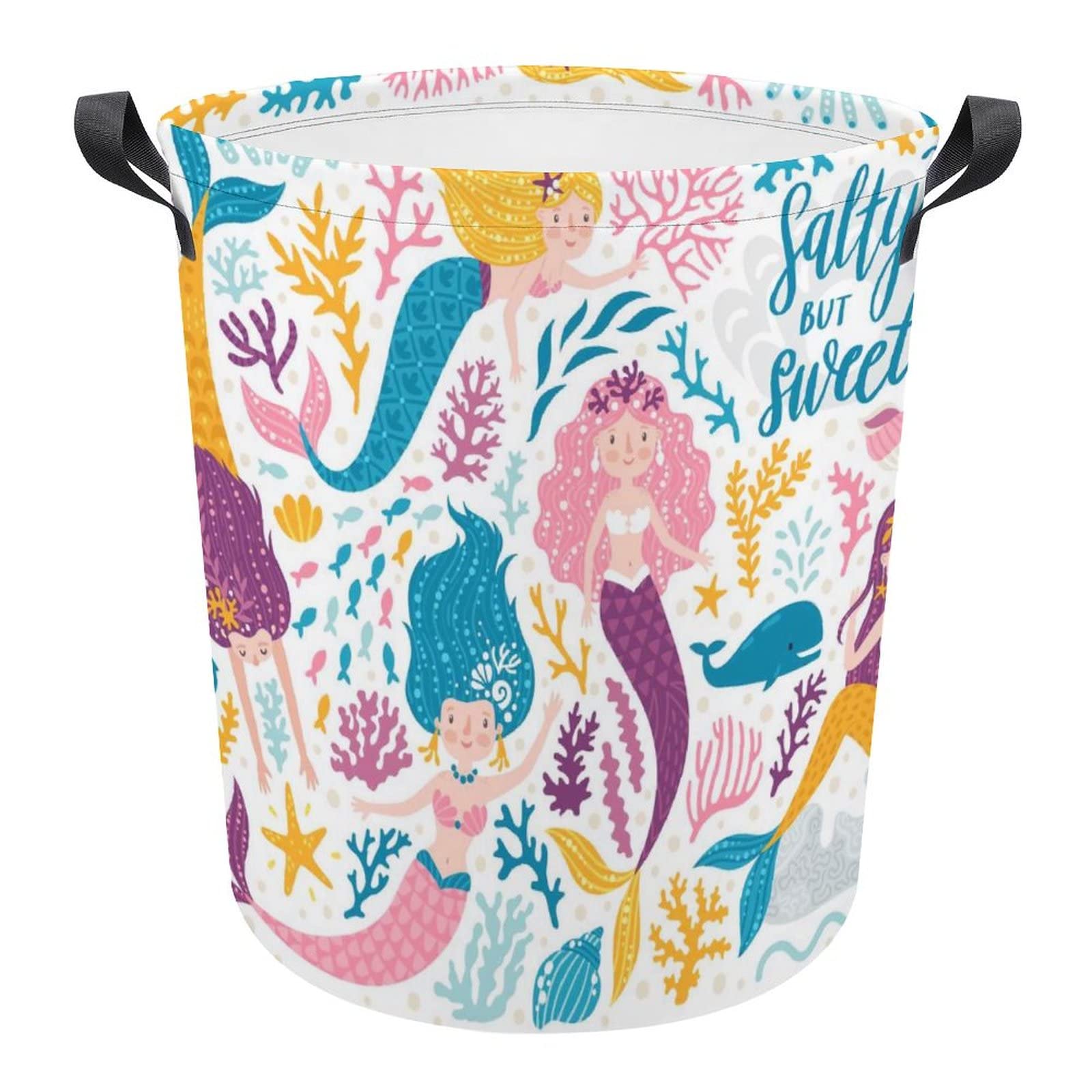 Colorful Mermaid Girl Marine Plants Corals Summer Shark on White Collapsible Waterproof Laundry Hamper, Lightweight Washing Basket Bin Storage Organizer Bucket with Handles for Toys Clothes