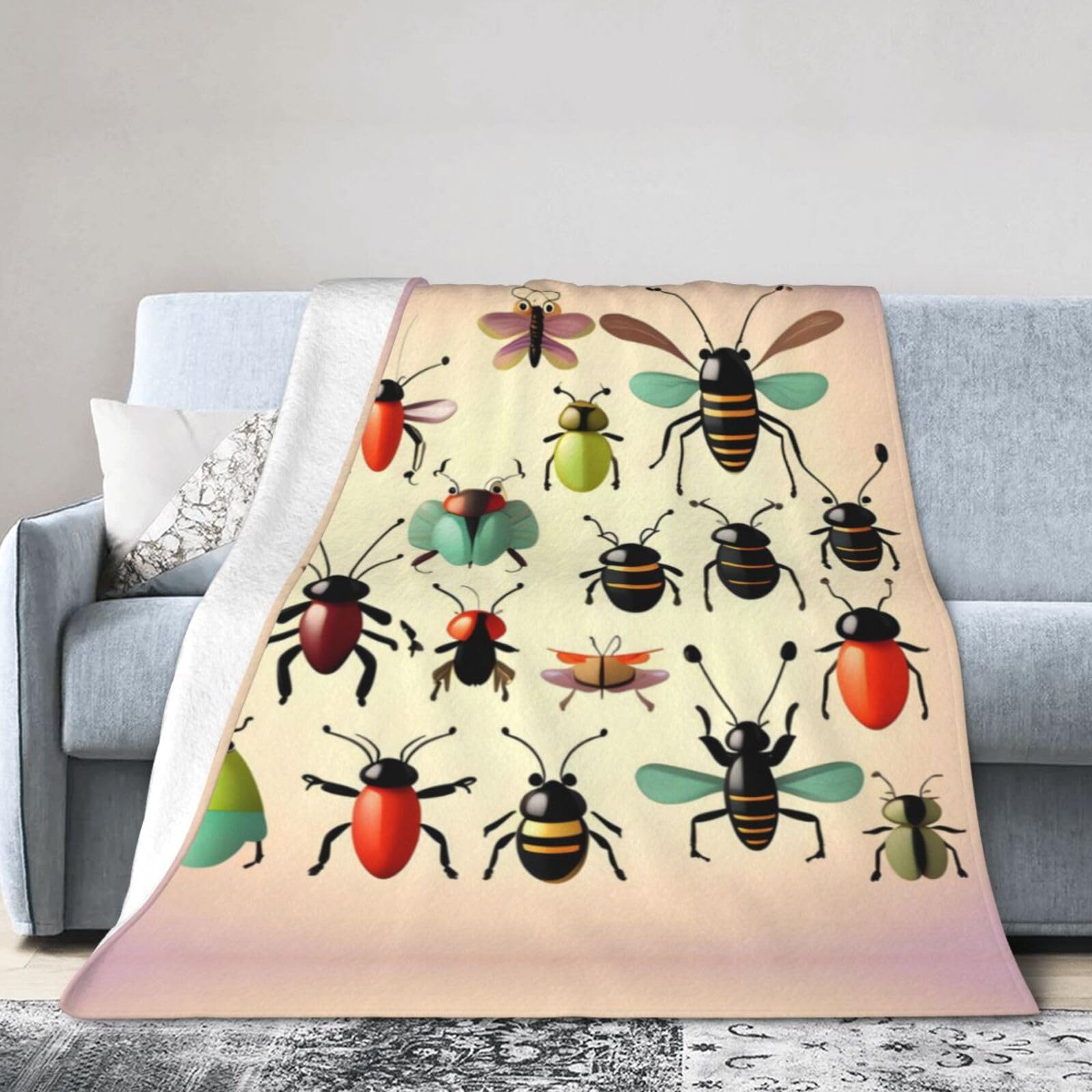 Cartoon Small Insects 60"x50" Fleece Blanket, Full Size, Super Soft, Suitable for Bed, Sofa, Camping, All Seasons