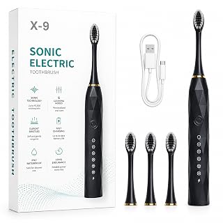 Electric Sonic Toothbrush for Adults | Rechargeable Black Toothbrush with Soft Bristles & Replacement Heads | Deep Cleaning Oral Care Device