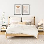Masupu Rattan Nightstand with Charging Station,Modern Boho Farmhouse Wood Bedside Table with Storage Drawer and Open Shelf,Small Gold Frame Side End Table for Bedroom,Living Room,Office White