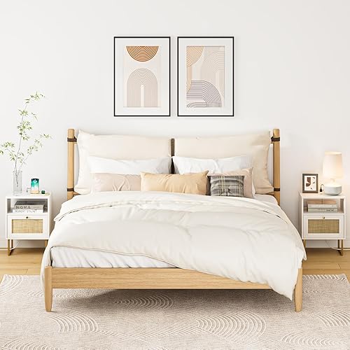 Miniatura 6 de Mesita de noche de ratán con estación de carga, mesita de noche bohemia de madera con almacenamiento y estante abierto, mesa auxiliar auxiliar para