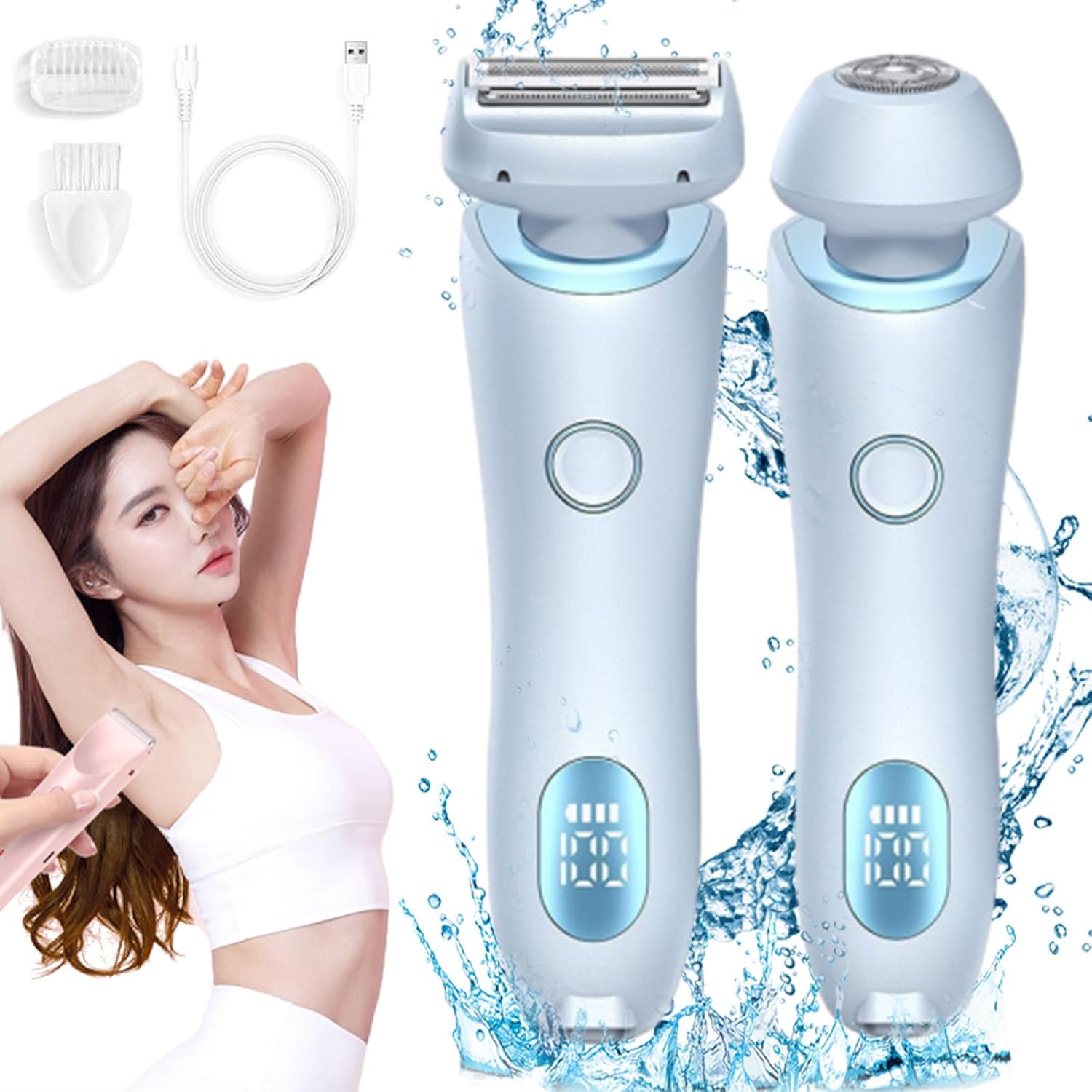 Electric Razor for Women, 2 in 1 Wet & Dry Waterproof Electric Shaver with Removable Heads,Beautibloom Razor,Electric Razors for Women Pubic Hair,Bikini Trimmer (Style A,Blue)