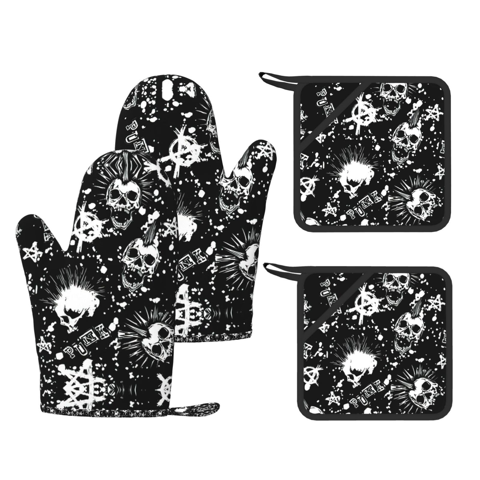White Punk Skull Printed Oven Mitts with Pocket and Hot Pads, Silicone Non-Slip Kitchen Gloves for Baking BBQ