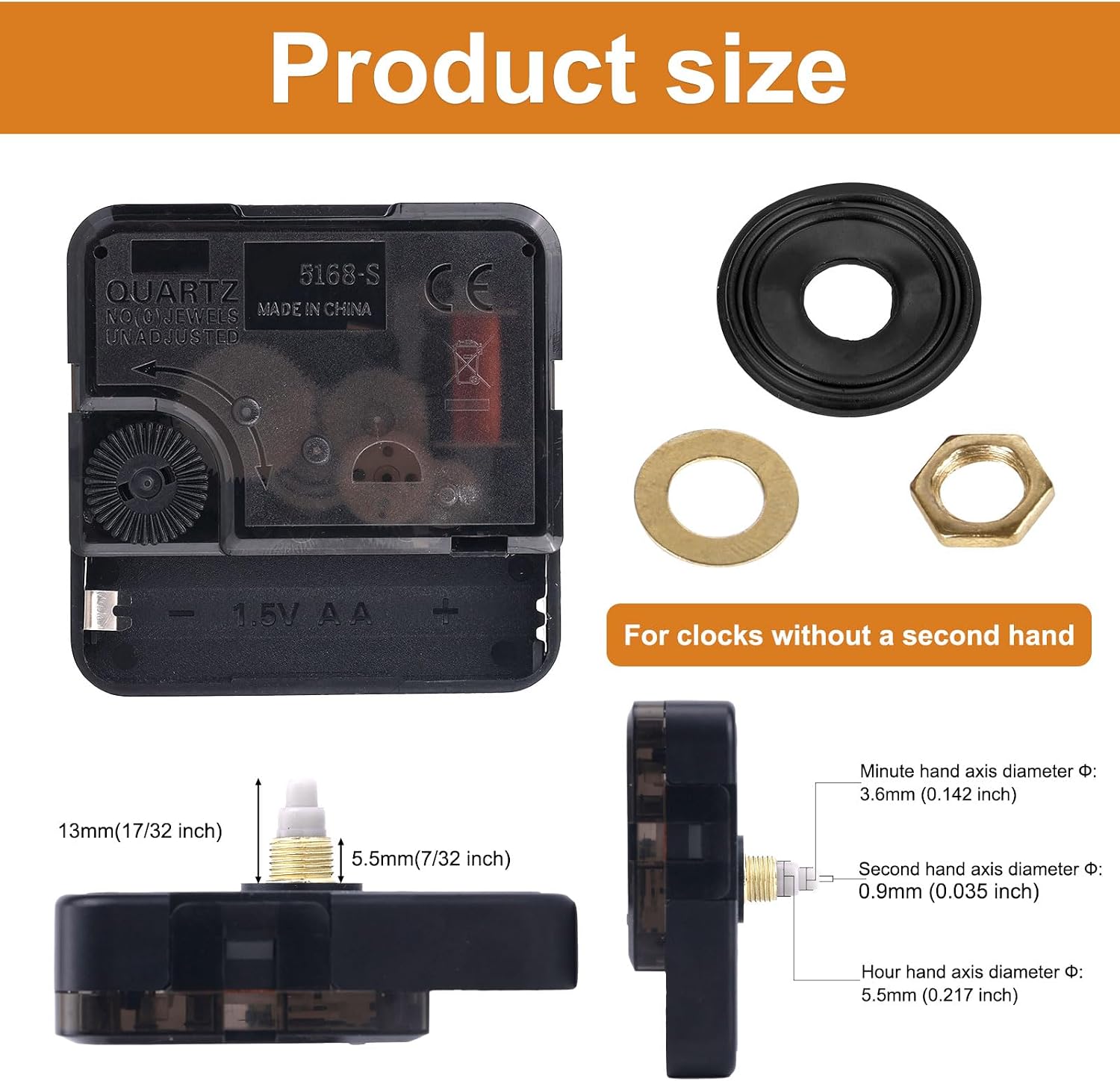 Quartz Clock Mechanism Replacement, 17/32 Inch Shaft Length Quartz Wall Clock Silent Movement Replacement Motor Battery Operated DIY Repair Parts, No Battery