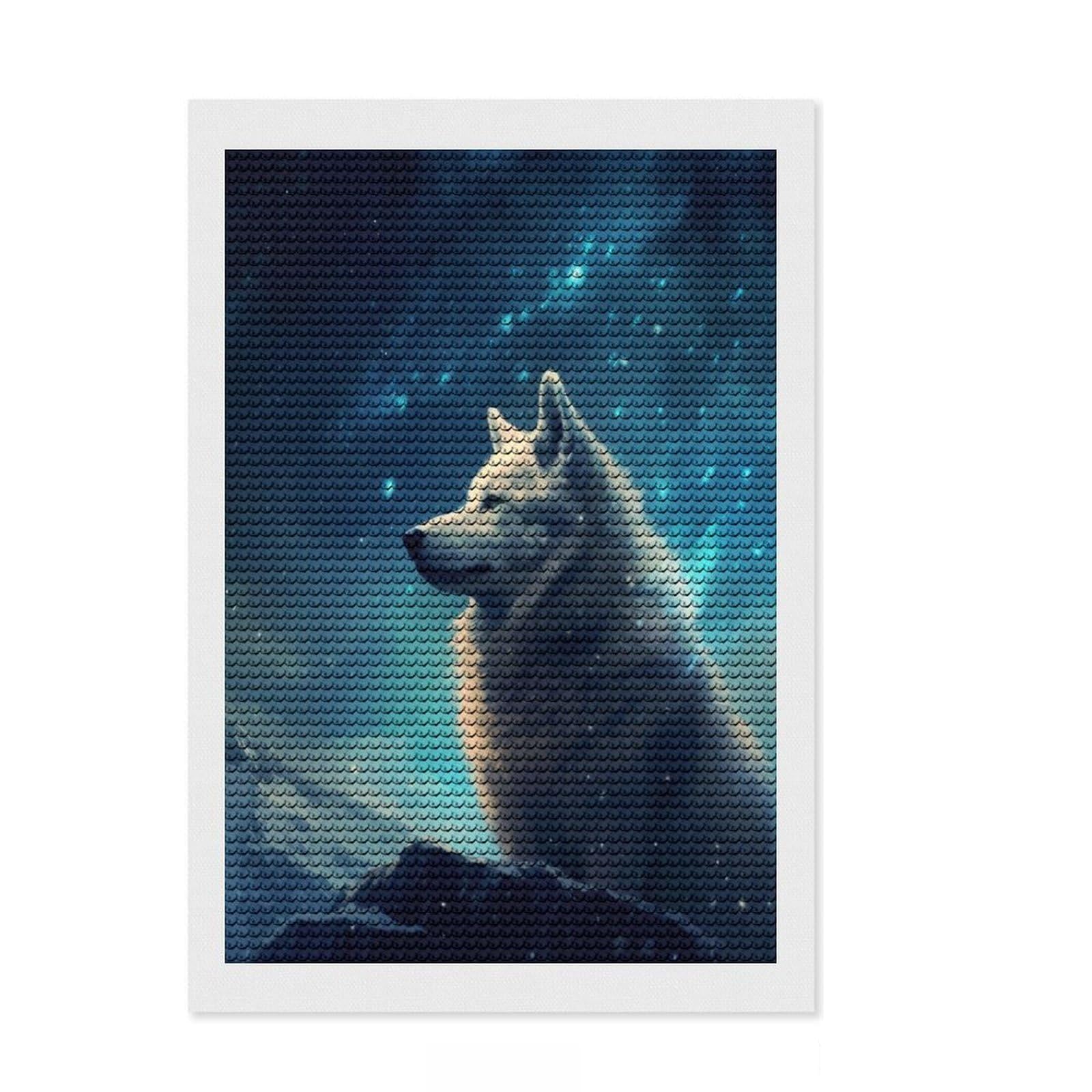 Junmoney Husky Dog Night DIY Diamond Art Canvas Kit 8"x12", Adhesive Canvas, Modern Decor, for Creative Relaxation, Gift Idea, with Tool Kit