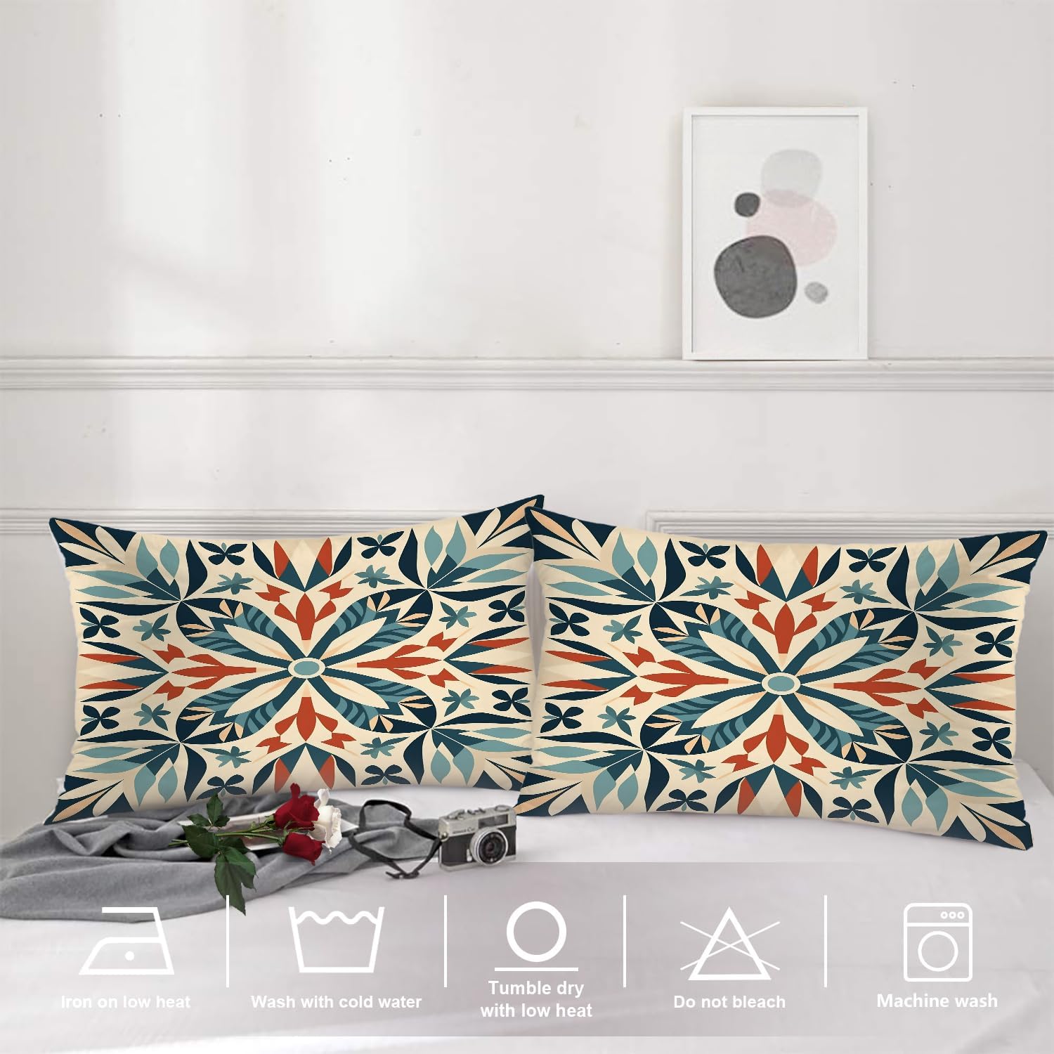 Shrahala Floral Geometric Pattern Pillowcases, Colorful Tile Like Design Lumbar Pillow Cover Decorative Blended Double-Sided No Inserts for Bedroom Sofa Living Room Set of 2 (26 X 20 in)