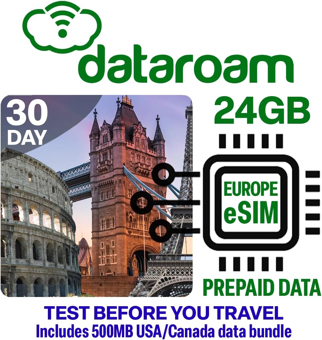 European Data eSIM Card. Works in 50 Countries Throughout Europe | Valid for 30 Days | Data Only SIM Card | Use VOIP apps Whatsapp and FaceTime for Calls (24GB)