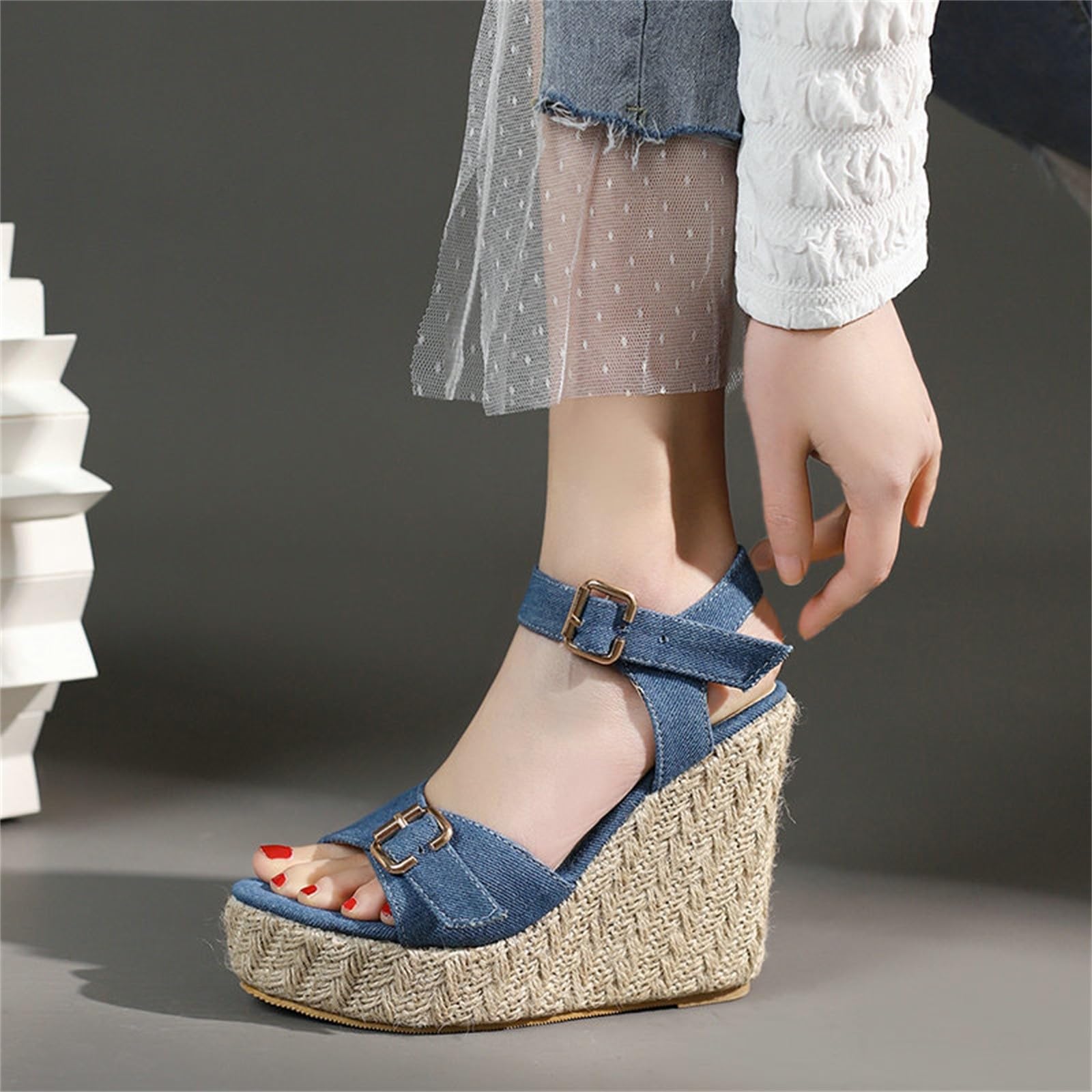 Genérico Sandalias Plataforma Mujer Ortopedicas de Verano Zapatos de Mujer Sandalias Vaqueras con Cuña Novedad Verano Hebilla Cinturón Pescado Hebilla Cuñas Esparto