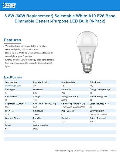 Vista 36 de Feit Electric Bombilla LED BR30, equivalente a 100 W, regulable, 5CCT, base mediana E26, 90 CRI, 1400 lúmenes, blanco ajustable, 13 años de vida