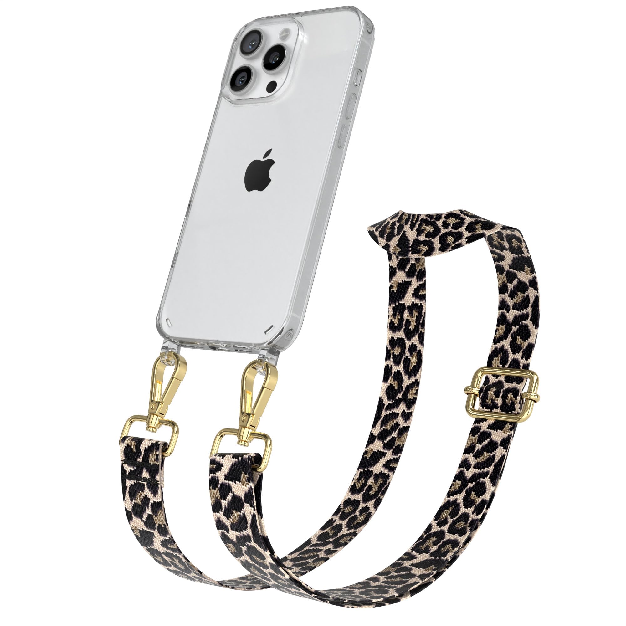 EAZY CASE Handykette - Verstellbares Taschenband kompatibel mit iPhone 16 Pro Max, Schulterriemen, Handykordel mit Silikon Hülle, Umhängetasche, Leo - Schwarz Beige Gold