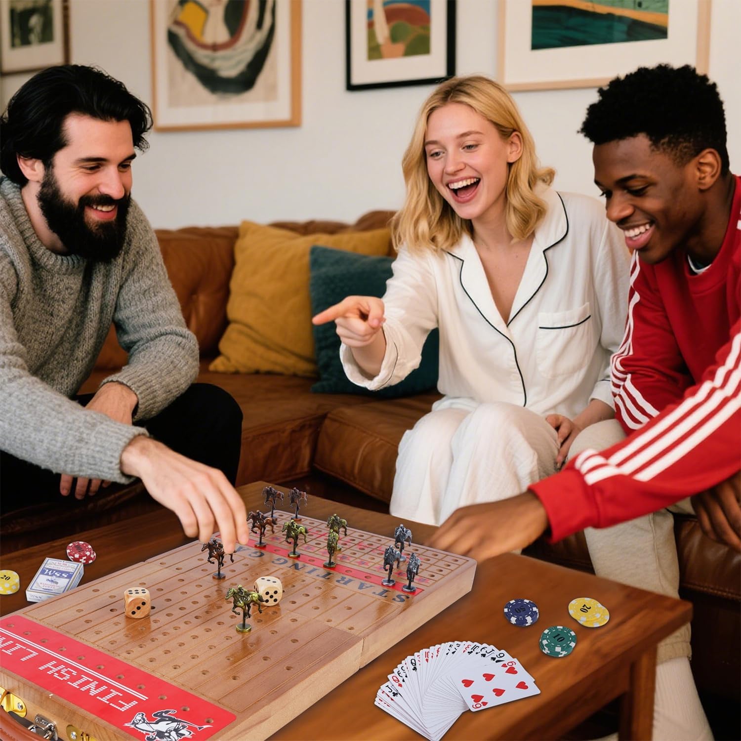 Glintoper Large 21" Horse Racing Game, Horse Race Board Games with 11 Luxury Metal Horses, Foldable Wood Board with 2 Dices 2 Boxes of Cards 40 Poker Chips Finish Line for Parties