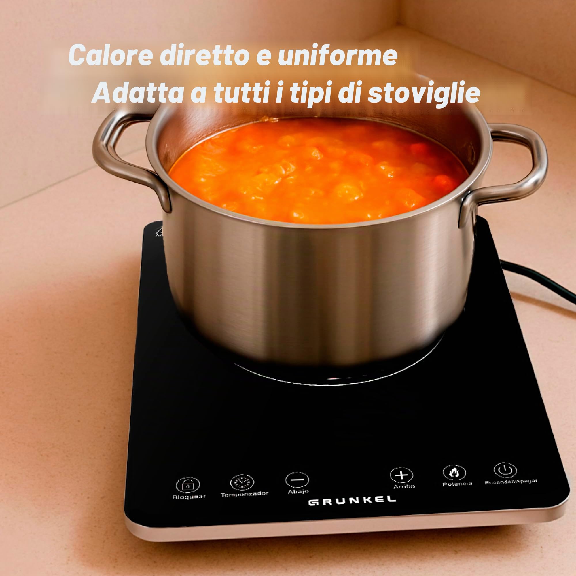 GRUNKEL IFR-2000 e 2000 W, 8 livelli, 29 x 37 cm, controllo touch, timer. Facile da pulire con superficie in vetro.