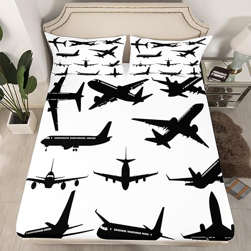 Miniatura 5 de Juego de sábanas de avión para niños, niñas, adolescentes, decoración de dormitorio, sábanas de viaje con sábana bajera de bolsillo profundo, para