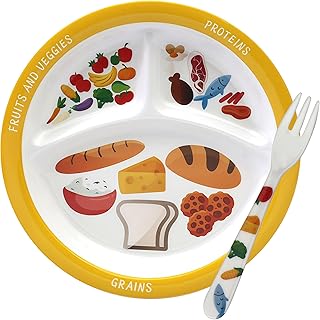 Assiette de Contrôle des Portions Pour Adultes - Plateau de Rééquilibrage Alimentaire Avec 3 Compartiments et Fourchette - 21.1 cm - Idéal Pour Régime, Perte de Poids
