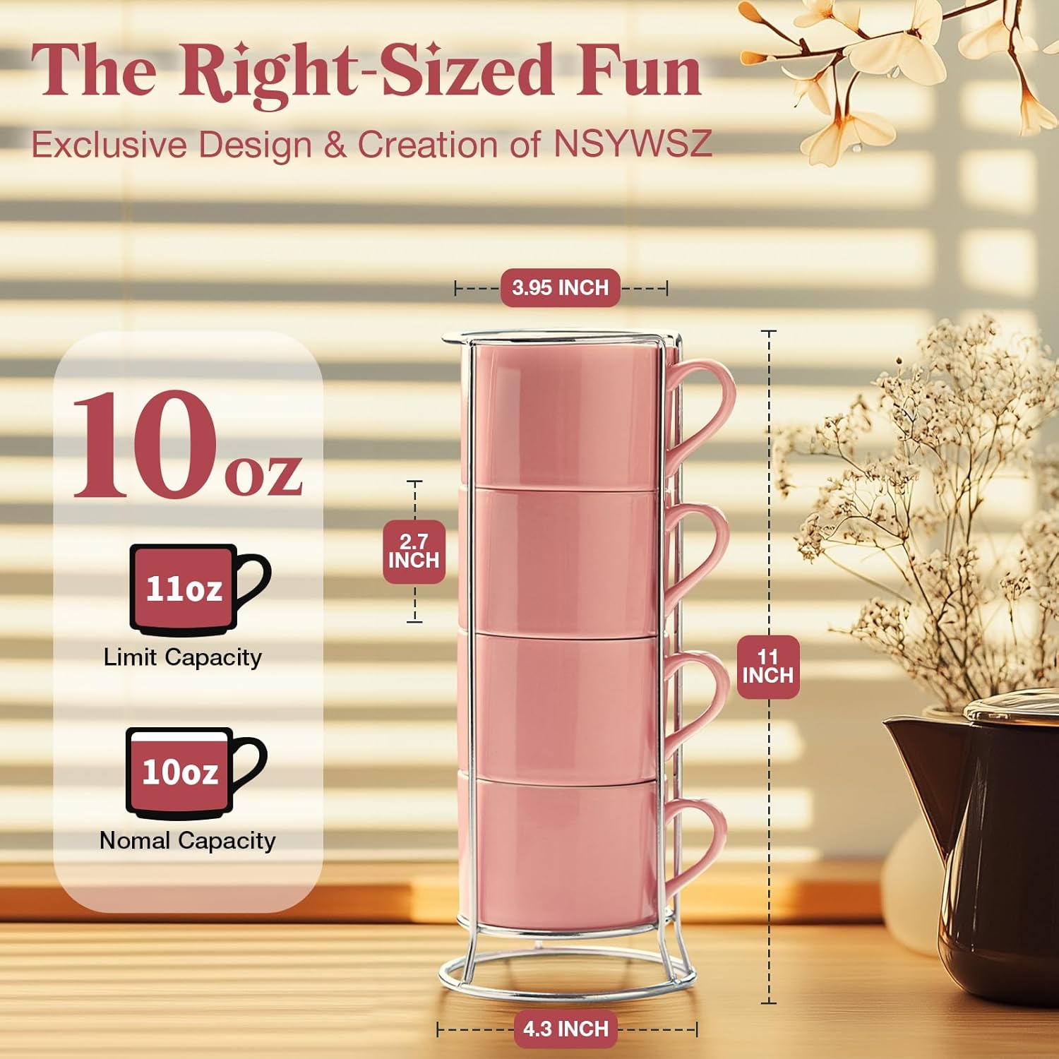 10 Ounce Pink Porcelain Stackable Cappuccino Cups with Stainless Steel Holder, Set of 4, Durable Ceramic, Perfect for Home, Office or Gift