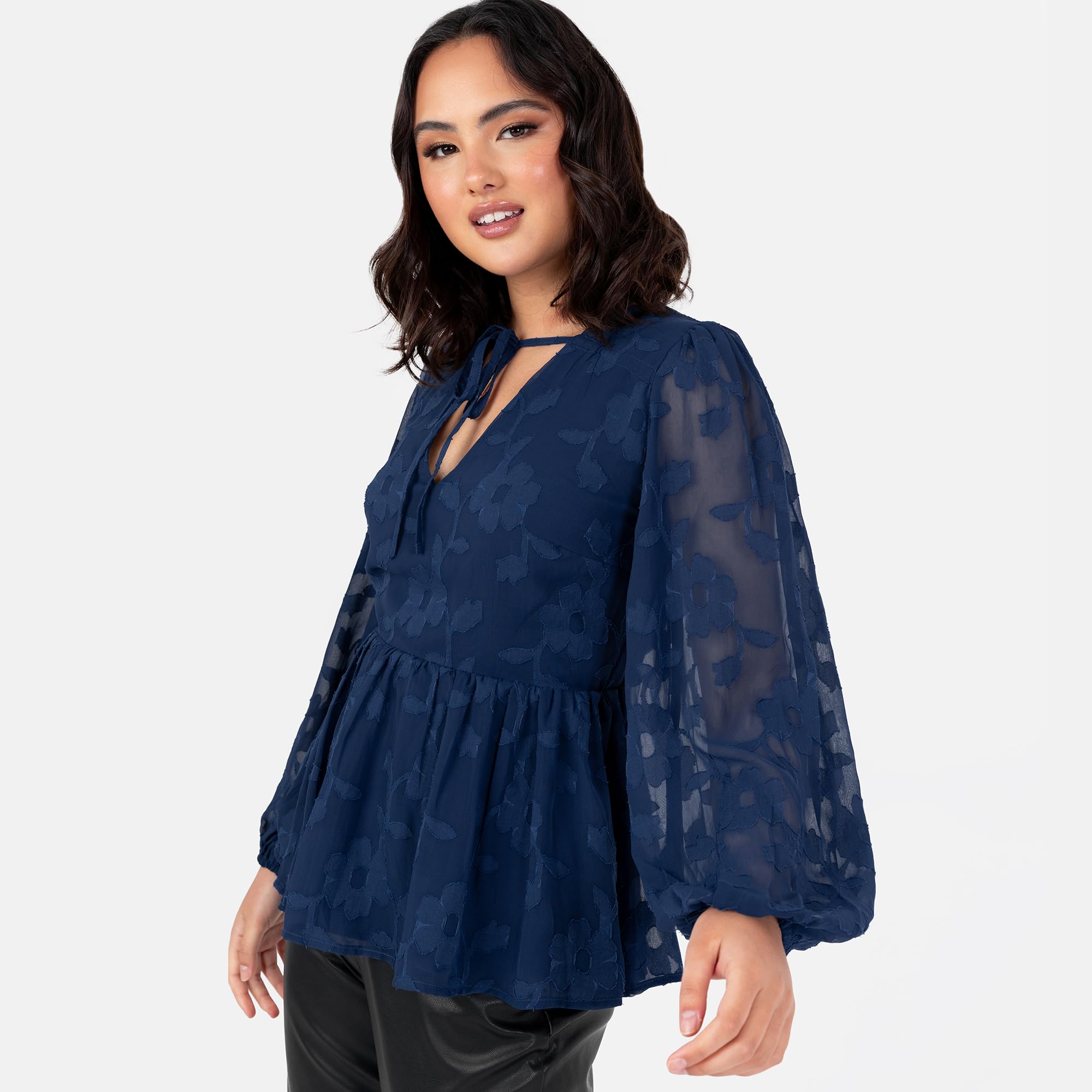 Lovedrobe Women's Floral Top Ladies Blouse Long Balloon Sleeve V-Neckline Peplum Chiffon Tie Front Smart Casual Office Wear Blouse Femme (Lot de 1)