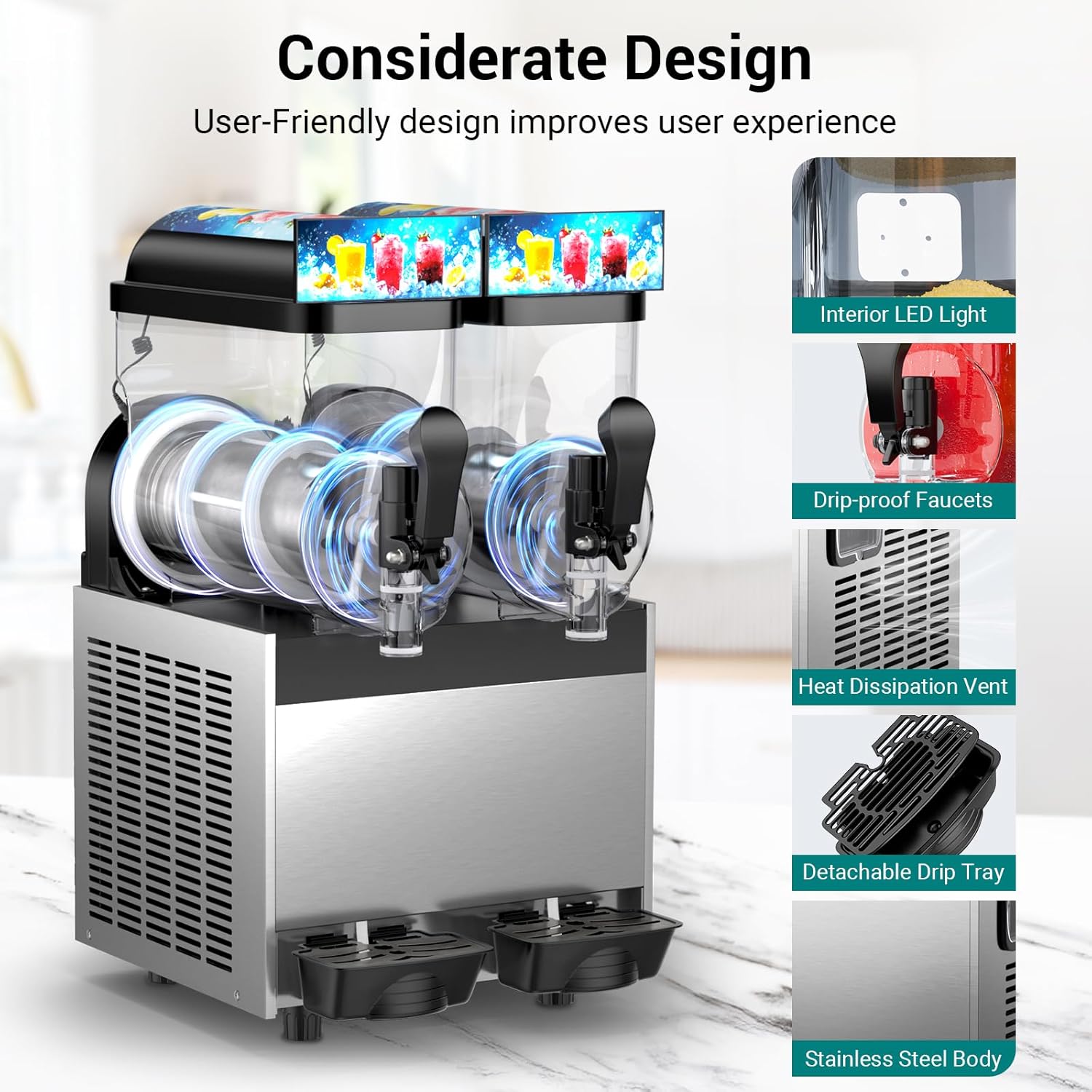 Detailed view of the slushie machine highlighting interior LED light, drip-proof faucets, heat dissipation vent, detachable drip tray, and stainless steel body.