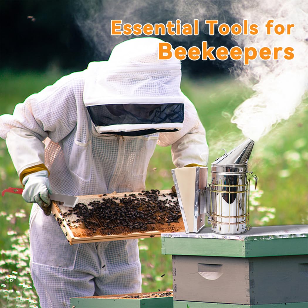 POLLIBEE Ahumador de colmena de abeja de acero inoxidable con escudo térmico, suministros y equipo de apicultura