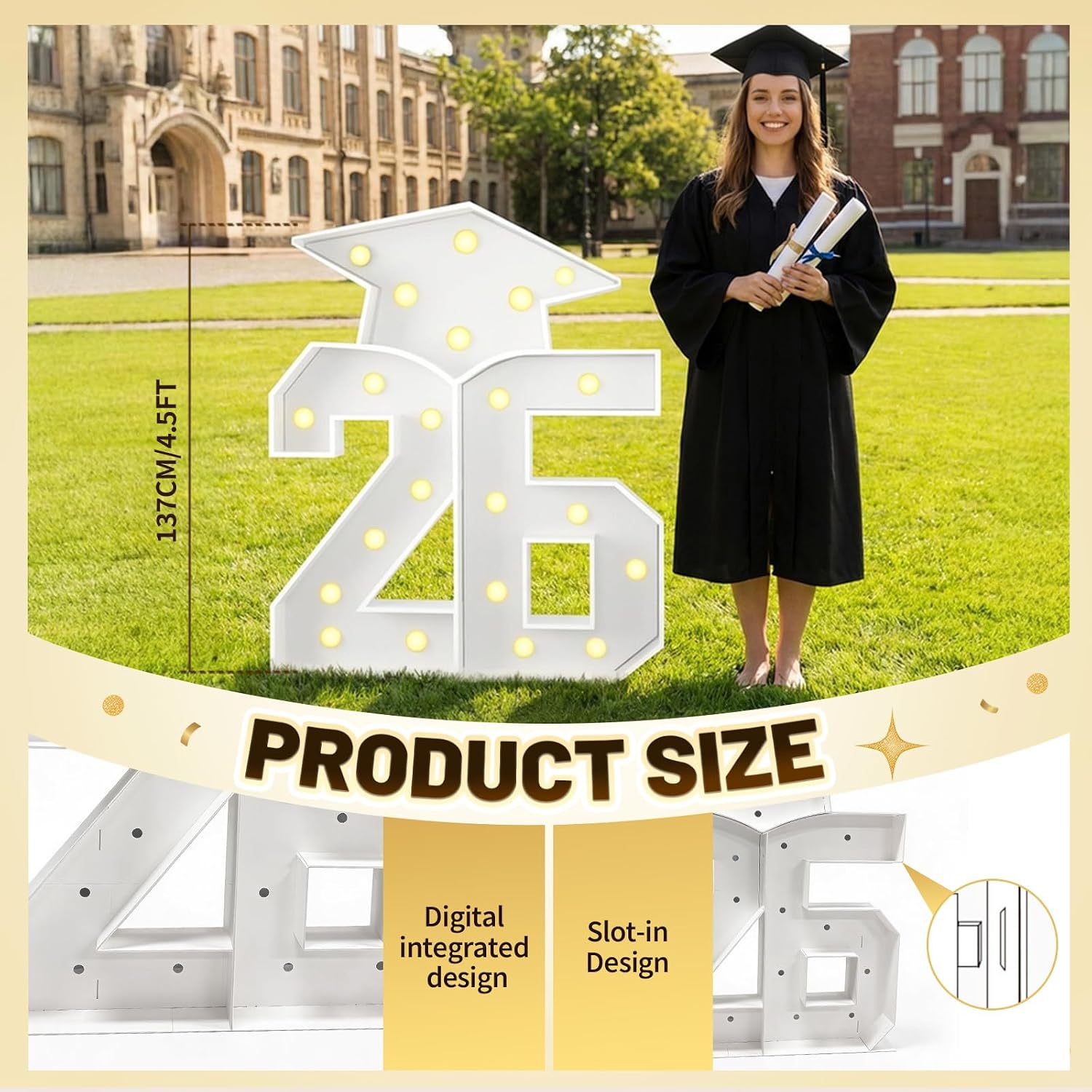 4.5FT Graduation Decorations Class of 2026 - Large Marquee Numbers 26 with Graduation Cap, Mosaic Frame Number Pre-Cut Cardboard Light Up Kit for School University College Graduate Party Decoration