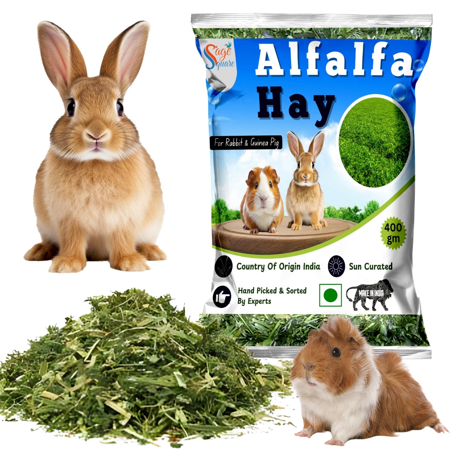 Sage Square Alfalfa Hay – Protein, Calcium-Rich Hay for Rabbits, Guinea Pigs, Hamsters & Small Animals | Supports Growth, Healthy Teeth, Digestion | Sun-Dried, Hand-Selected Alfalfa Feed | 400 gm