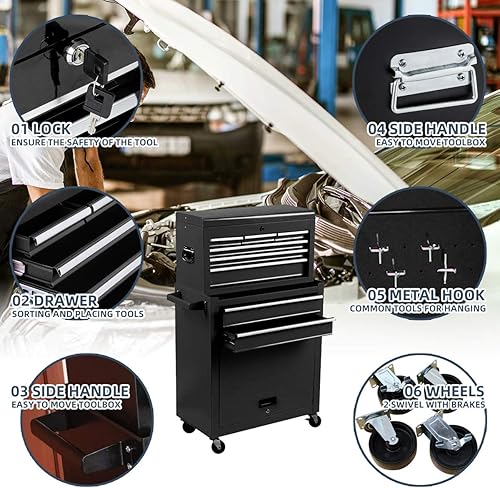 Miniatura 4 de Cofre de herramientas con ruedas de 8 cajones, baúl de herramientas grande con cerradura con ruedas, conjunto de 2 piezas, baúl de herramientas