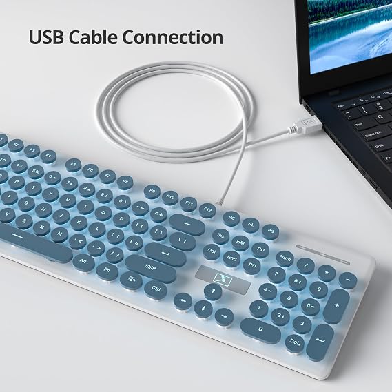 SOLIDEE Membrane Keyboard 100%,Punk Typewriter Full Size 104 Keys,Typewriter Retro Round Keycaps,LED Backlit Slim Keyboard with Wired Cable for PC/Win/Mac/Laptop(US Layout QWERTY)(V300 Blue)