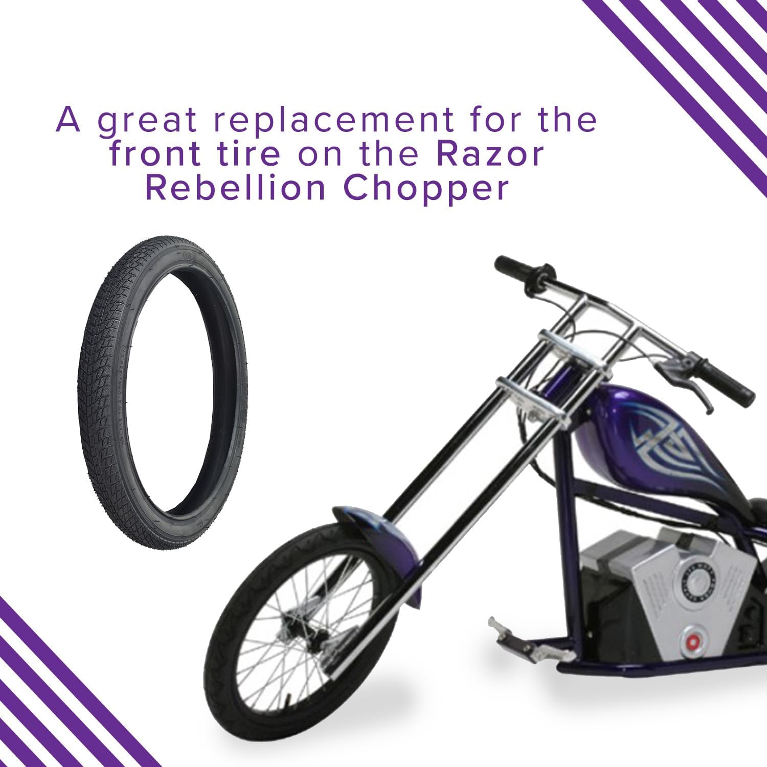 AlveyTech Black 16" x 1.75" Tire for Razor E500S & Rebellion Chopper Electric Scooter - Replacement Pneumatic Heavy Duty Street Tread Tires for Folding Bike, Jogging Strollers, Recumbent 3-Wheel Bikes