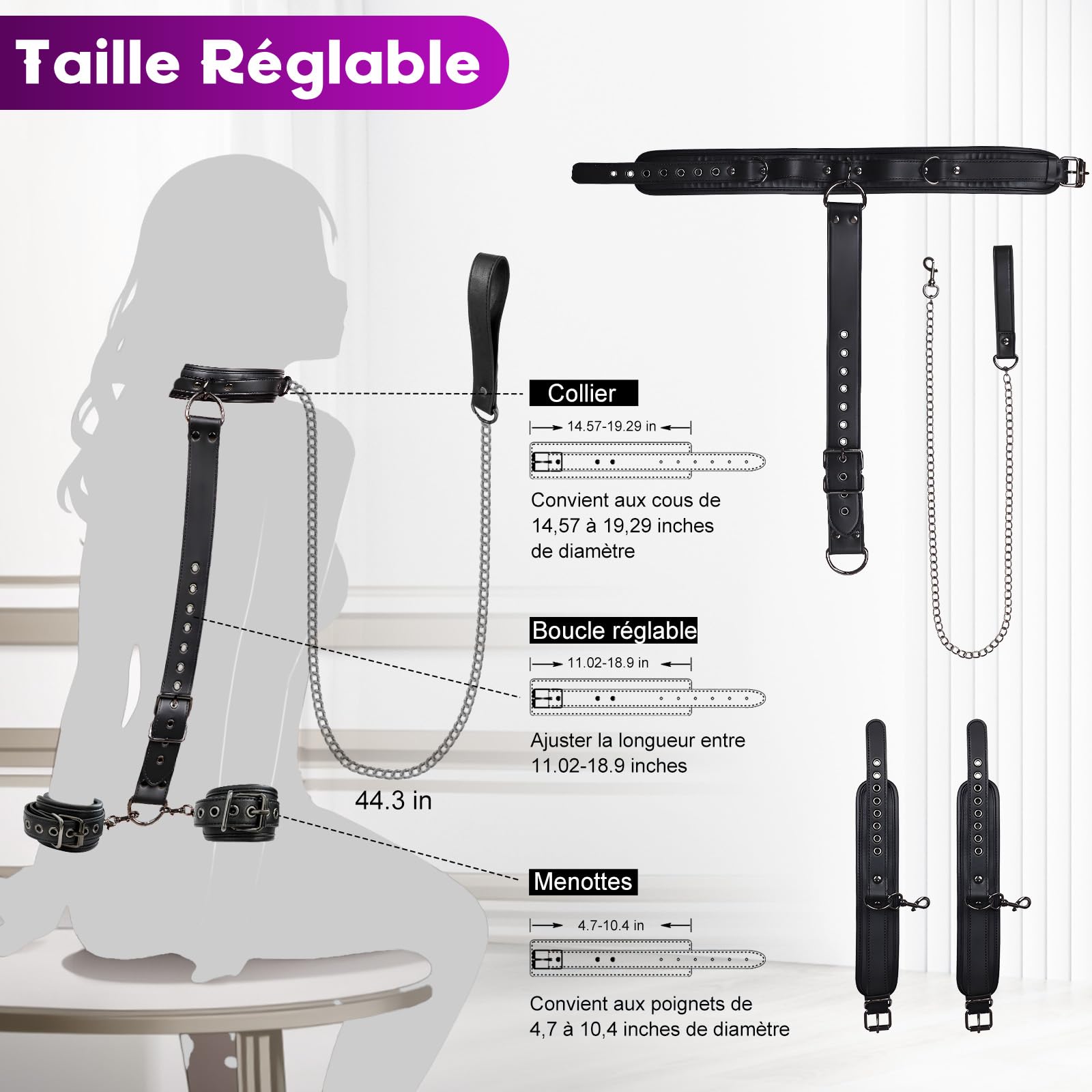 Sex Toýs Couple Femme BDSM Kits de Bondage Menottes Sex Lit,Retenue du Cou au Poignet avec Chaîne Traction, Réglables Menottes Sexy Érotique et Collier Sex Toys pour Adulte Couple Jeu de Rôle Play