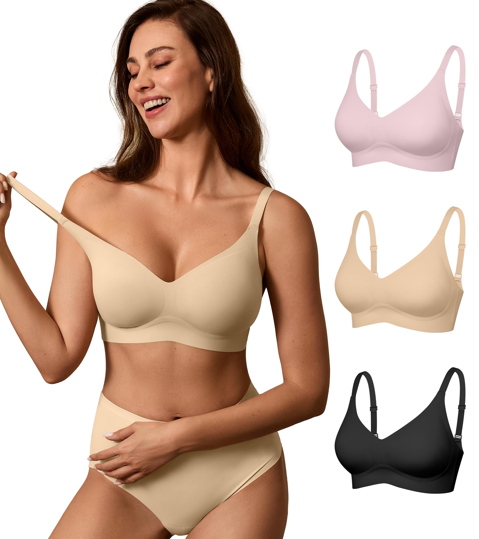 DEANGELMON Seamless Bras for Women No Underwire Comfortable Push Up Bra V Neck Wireless Bralette Full Coverage Wire Free