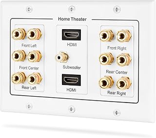Fosmon HD8005 [3-Gang 6.1 Surround Distribution] Home Theater Copper Banana Binding Post Coupler Type Wall Plate for 6 Speakers, 1 RCA Jack for Subwoofer & 2 HDMI Ports
