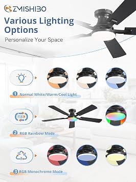 ZMISHIBO 52 Inch RGB Ceiling Fan with Light, Remote&App Control,Flush Mount