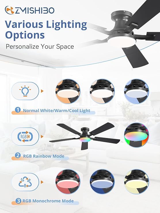 ZMISHIBO 52 Inch RGB Ceiling Fan with Light, Remote&App Control,Flush Mount