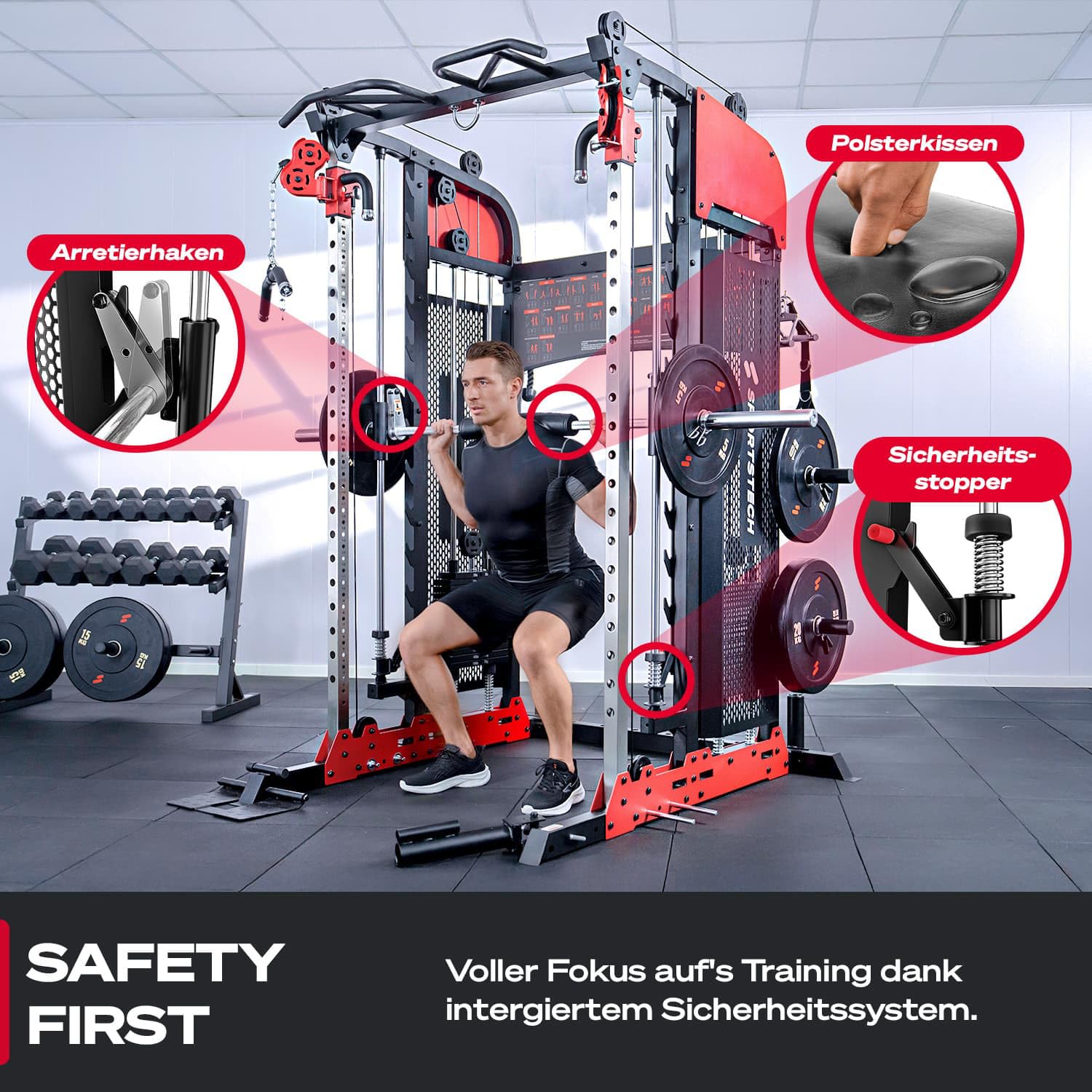 Sportstech SXM200 Smith Machine für Zuhause, Power Rack mit Kabelzug, Klimmzug, Langhantelstange, Bench Press, Multipresse, 140kg Trainingsgewicht, Kraftstation inkl. Griffe, Multifunktional, Home Gym