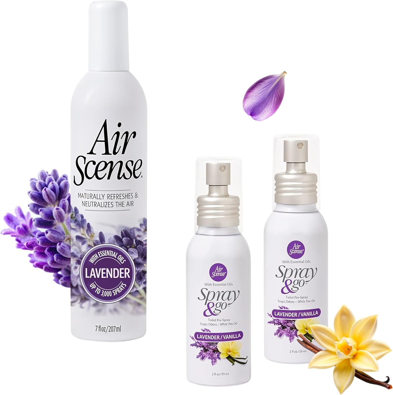 Air Scense Essential Oil Air Freshener, Non-Aerosol, 3-PK (Lovely Lavender Bundle) 1ea 7oz Lav and 2ea Lav/Van Spray & Go