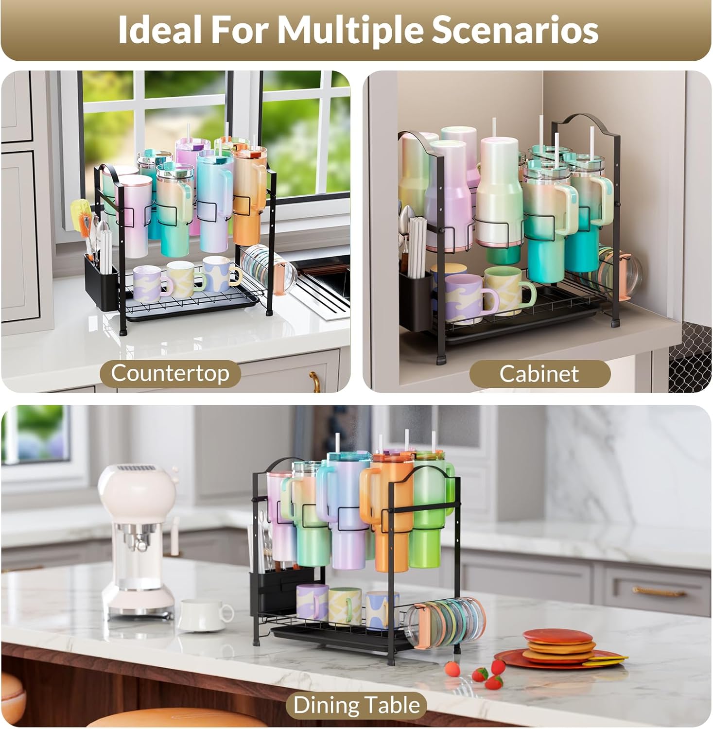 Stanley Cup Holder, Height Adjustable Water Bottle & Tumbler Drying Rack for Stanley, Owala and Other Brands, Tumbler Organizer for Kitchen Cabinet, Counter-top (Black)