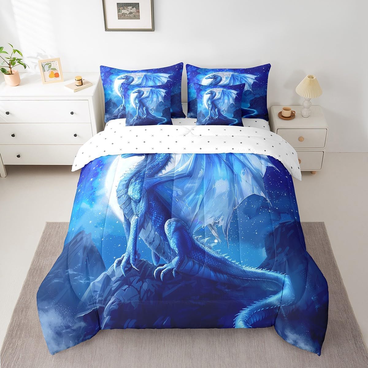 Erosebridal Dragon Bedding Comforter Sets 3D Ancient Animal Print Bed in A Bag Mysterious Blue Galaxy Comforter Set Trippy Moon Stars Bedding Set Bedroom Decor for Women Men Adults Queen Size 7 Piece