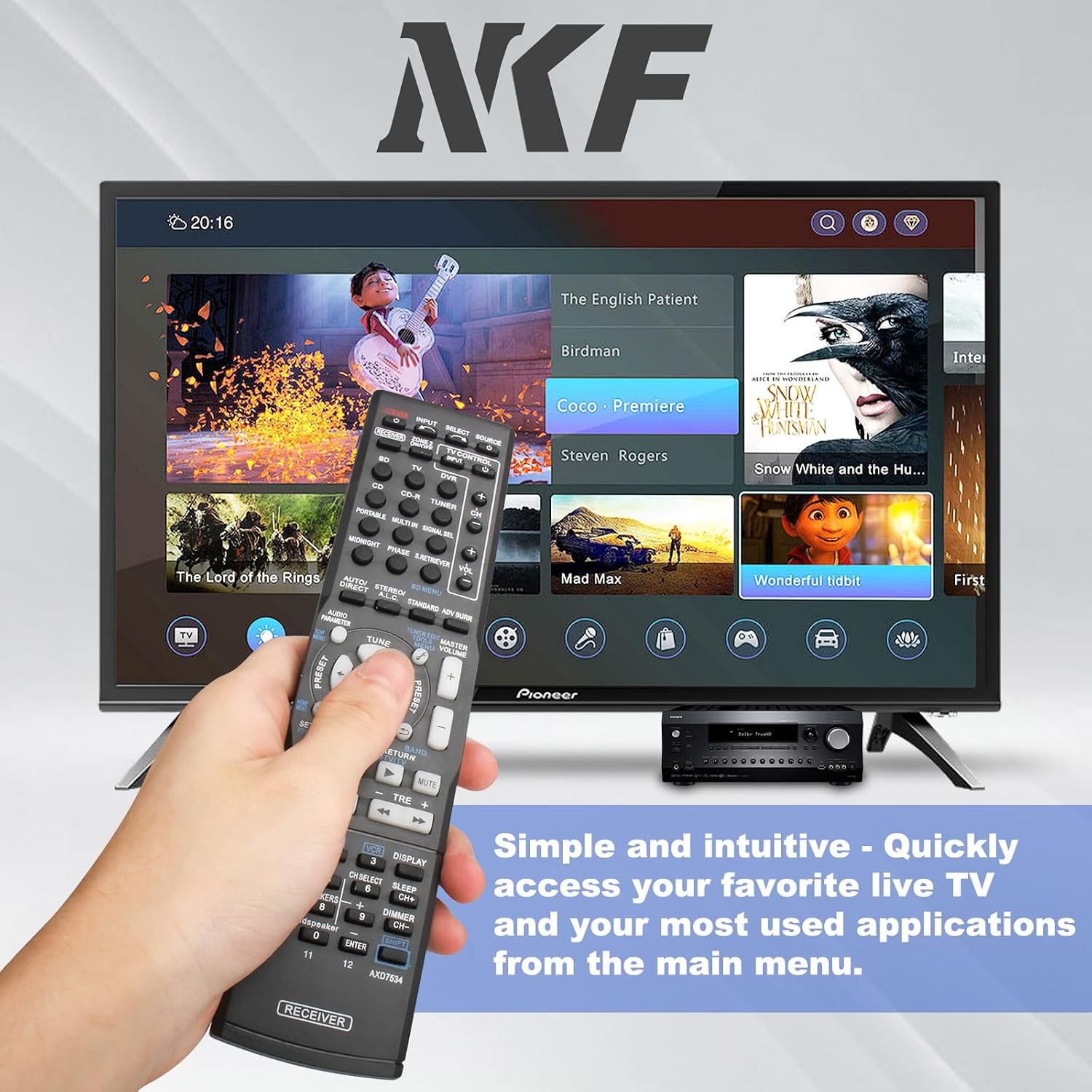 Hand holding the NKF AXD7534 remote control, pointing it towards a television displaying a menu.