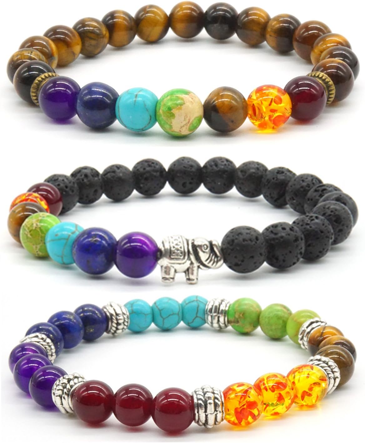 3Pcs Rainbow Stone Bracelet for Men Women Healing Energy Balancing Elastic Bracelet