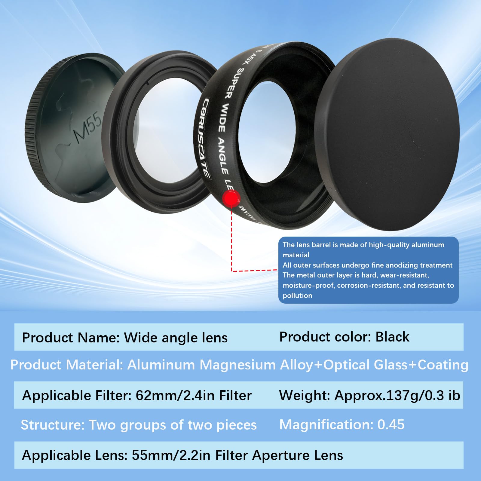 Obiettivo grandangolare da 55 mm 0,45x, con fotografia macro, ingrandimento migliorato, compatibile con tutti gli obiettivi della fotocamera DSLR da 55 mm + 1 panno per la pulizia dell'obiettivo
