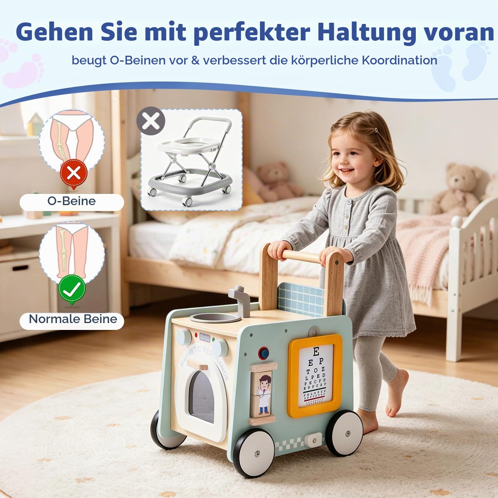 Lauflernwagen Holz Baby, Montessori Lauflernhilfe Baby Walker ab 6 Monate Laufwagen mit Rädern & Doktor Spielzeug, Laufhilfe Gehhilfe Lernlaufwagen Geschenk für Jungen and Mädchen