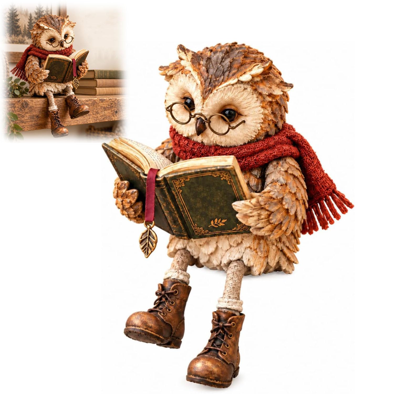 Reading Owl Figurine Owl Statue with Book Glasses Dangling Legs, Detailed Rustic Craftsmanship, Woodland Farmhouse Tabletop Decor, vintage shelf for Bookshelf, Mantel and Reader Gifts (1PCS)